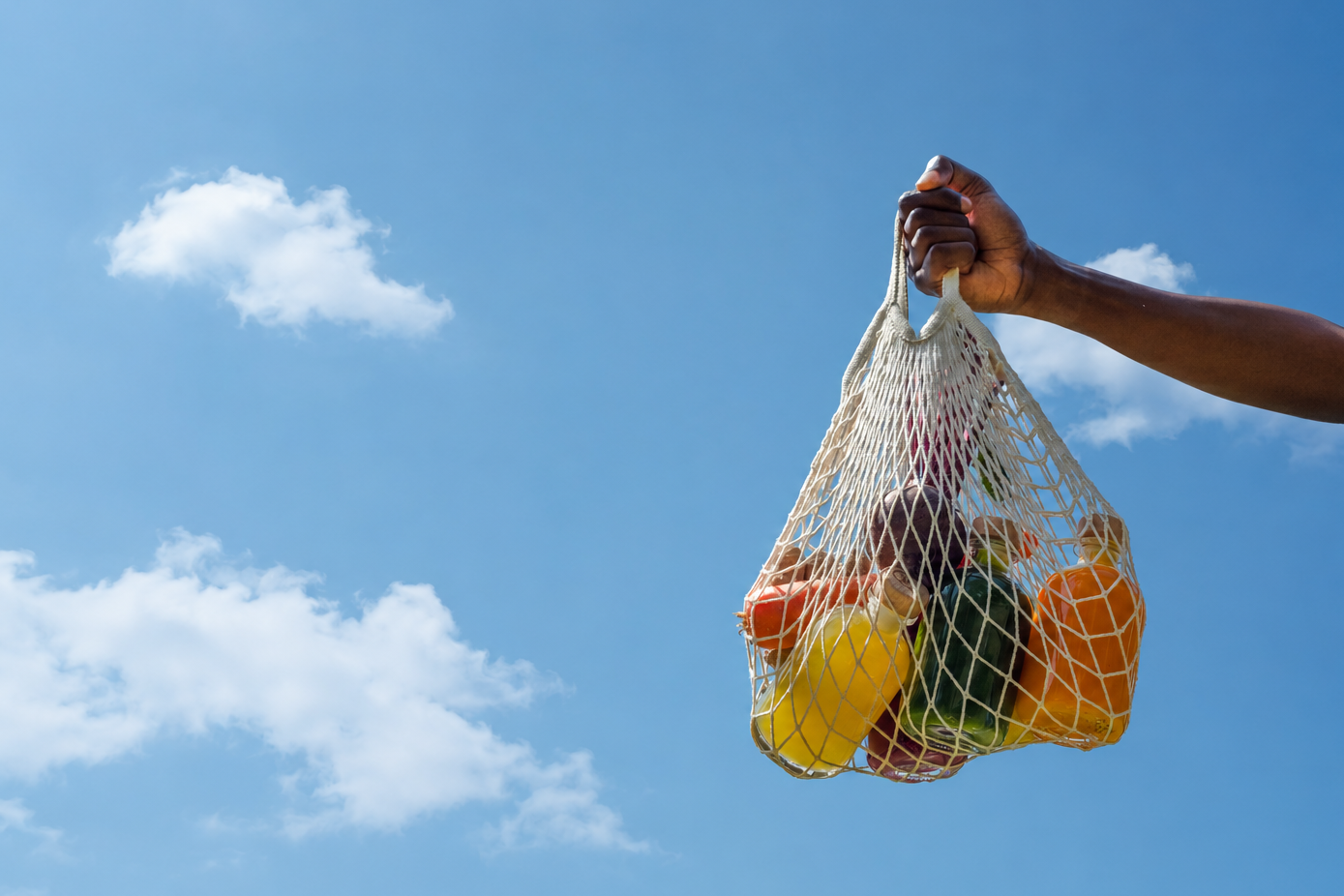 A hand holding a white mesh bag filled with colorful fruits and vegetables against a bright blue sky with white clouds.